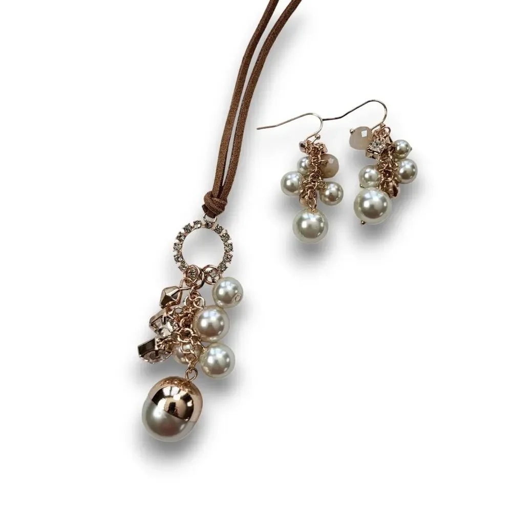 Cato Corded Pearl Cluster Necklace & Earring Set – Rose Gold Tone